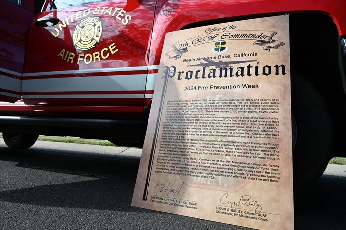 Beale Air Force Base recognizes Fire Prevention Week with a signed proclamation of its commitment to safety and security during the kickoff of Fire Prevention Week at Beale AFB California, Oct. 6, 2024.