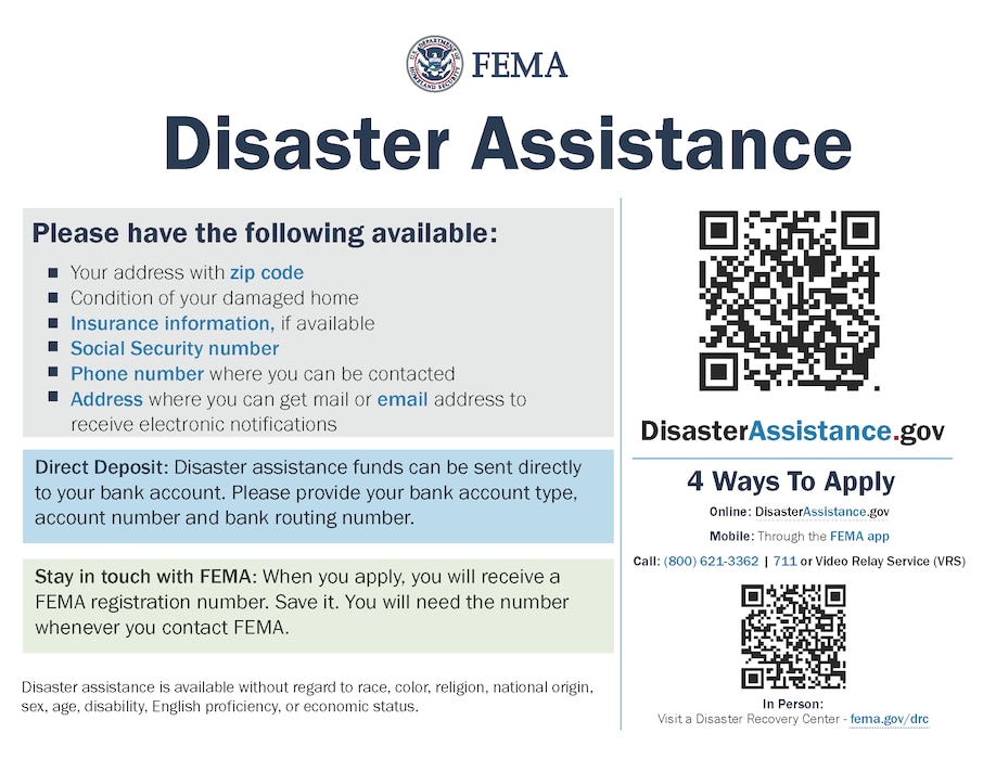 Please use this as a resource to get individual assistance from FEMA.

Utilice esto como recurso para obtener asistencia individual de FEMA.