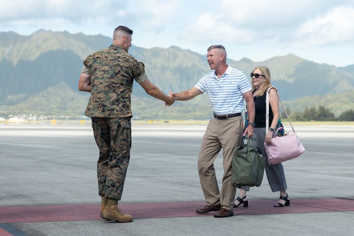 The 39th Commandant of the Marine Corps, Gen. Eric M. Smith, right, is greeted by Col. Jeremy Beaven, commanding officer, Marine Corps Base Hawaii, during his visit to MCBH, Sept. 11, 2024. The CMC and Sergeant Major of the Marine Corps, Carlos A. Ruiz, visited MCBH to participate in the Marine Forces Pacific change of command ceremony. (U.S. Marine Corps photo by Cpl. Clayton Baker)