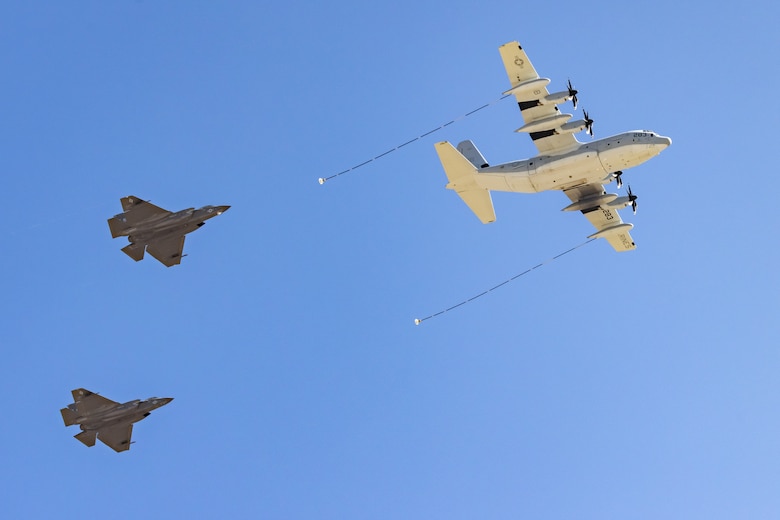 A U.S. Marine Corps KC-130J Hercules and two F-35B Lightning II assigned to 3rd Marine Aircraft Wing, I Marine Expeditionary Force, demonstrate aerial refueling capabilities during the Marine Air-Ground Task Force demonstration of the 2024 Marine Corps Air Station Miramar Airshow in San Diego, Sept. 26, 2024. The MAGTF Demo displays the coordinated use of close-air support, armor, artillery and infantry forces and provides a visual representation of how the Marine Corps operates. America's Airshow 2024 is a unique and incredible opportunity to witness Marine and joint aviation capabilities, civilian performers, and the world-famous Blue Angels; to interact first-hand with Marines, other service members, and first responders; and to see first-hand the innovative spirit of the Marine Corps through emerging technologies and forward-thinking. (U.S. Marine Corps photo by Lance Cpl. Jennifer Sanchez)
