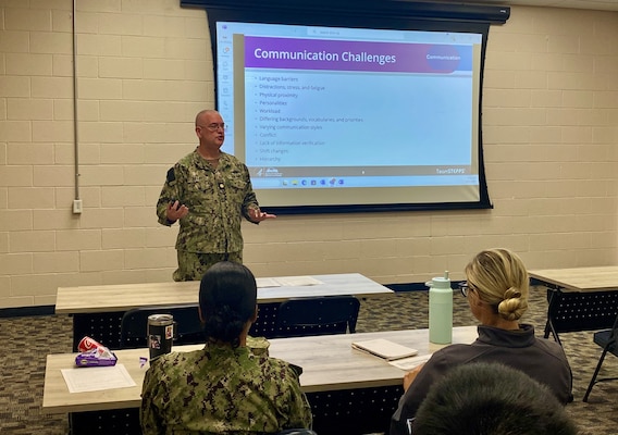 Naval Hospital Twentynine Palms command chaplain Lt. Cmdr. Larry J. Brant teaches a course at the hospital on October 8, 2024.