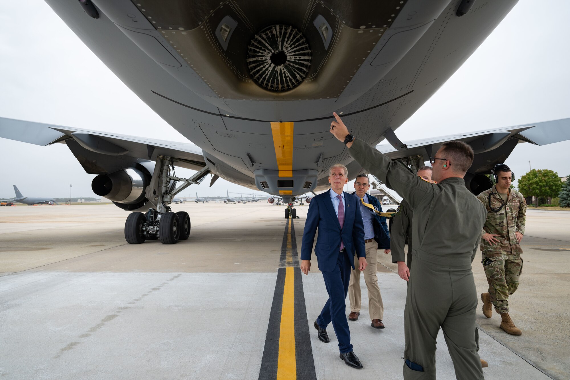 The Honorable Peter J. Beshar, U.S. Department of the Air Force general counsel, tours a KC-46A Pegasus aircraft assigned to the 305th Air Mobility Wing during an east coast introductory base tour at Joint Base McGuire-Dix-Lakehurst, N.J., Sept. 26, 2024. The senior leaders concluded their regional tour with the ‘Can Do’ wing as they visited several bases for the first time since taking command, while Beshar joined the team at JB MDL to gain more insight about the KC-46 fleet and what the jet provides in comparison to legacy tankers. (U.S. Air Force photo by Staff Sgt. Monica Roybal)