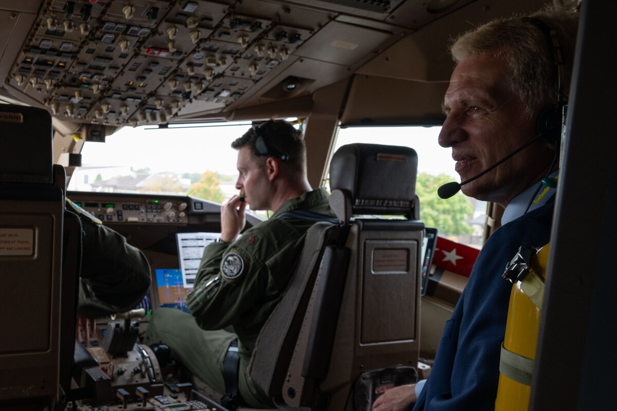 The Honorable Peter J. Beshar, U.S. Department of the Air Force general counsel, sits in the flight deck of a KC-46A Pegasus aircraft assigned to the 305th Air Mobility Wing during a base tour at Joint Base McGuire-Dix-Lakehurst, N.J., Sept. 26, 2024. The tour also hosted U.S. Air Force Maj. Gen. Charles D. Bolton, 18th Air Force commander, Chief Master Sgt. Thomas Blount, 18th Air Force command chief, and Aaron Tucker, Major Defense Acquisition Programs director, to can gain more insight about the KC-46 fleet and what the jet provides in comparison to legacy tankers. (U.S. Air Force photo by Staff Sgt. Monica Roybal)