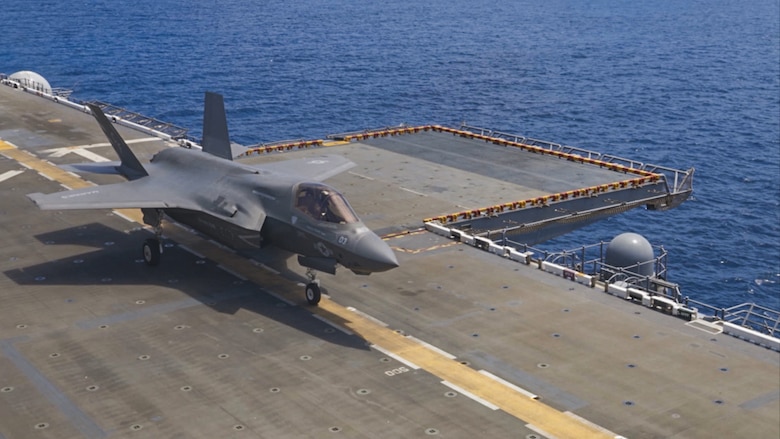 U.S. Marine Corps F-35B Lightning II aircraft assigned to Marine Fighter Attack Squadron (VMFA) 211, Marine Aircraft Group 13, 3rd Marine Aircraft Wing, conduct flight deck qualifications aboard the amphibious assault ship USS Tripoli (LHA 7) while underway in the Pacific Ocean, July 15, 2024. Joint training between 3rd MAW squadrons and the Tripoli in the U.S. 3rd Fleet area of operations enabled the amphibious assault ship to conduct Mobility Air Qualifications and 3rd MAW squadrons to maintain currency required for amphibious operations.