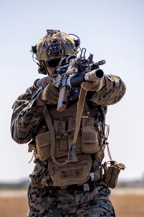A U.S. Marine with 3rd Battalion, 5th Marine Regiment, 1st Marine Division, provides security during the Marine Air-Ground Task Force demonstration of the 2024 Marine Corps Air Station Miramar Airshow in San Diego, Sept. 27, 2024. The MAGTF Demo displays the coordinated use of close-air support, armor, artillery and infantry forces and provides a visual representation of how the Marine Corps operates. America's Airshow 2024 is a unique and incredible opportunity to witness Marine and joint aviation capabilities, civilian performers, and the world-famous Blue Angels; to interact first-hand with Marines, other service members, and first responders; and to see first-hand the innovative spirit of the Marine Corps through emerging technologies and forward-thinking. (U.S. Marine Corps photo by Lance Cpl. Seferino Gamez)