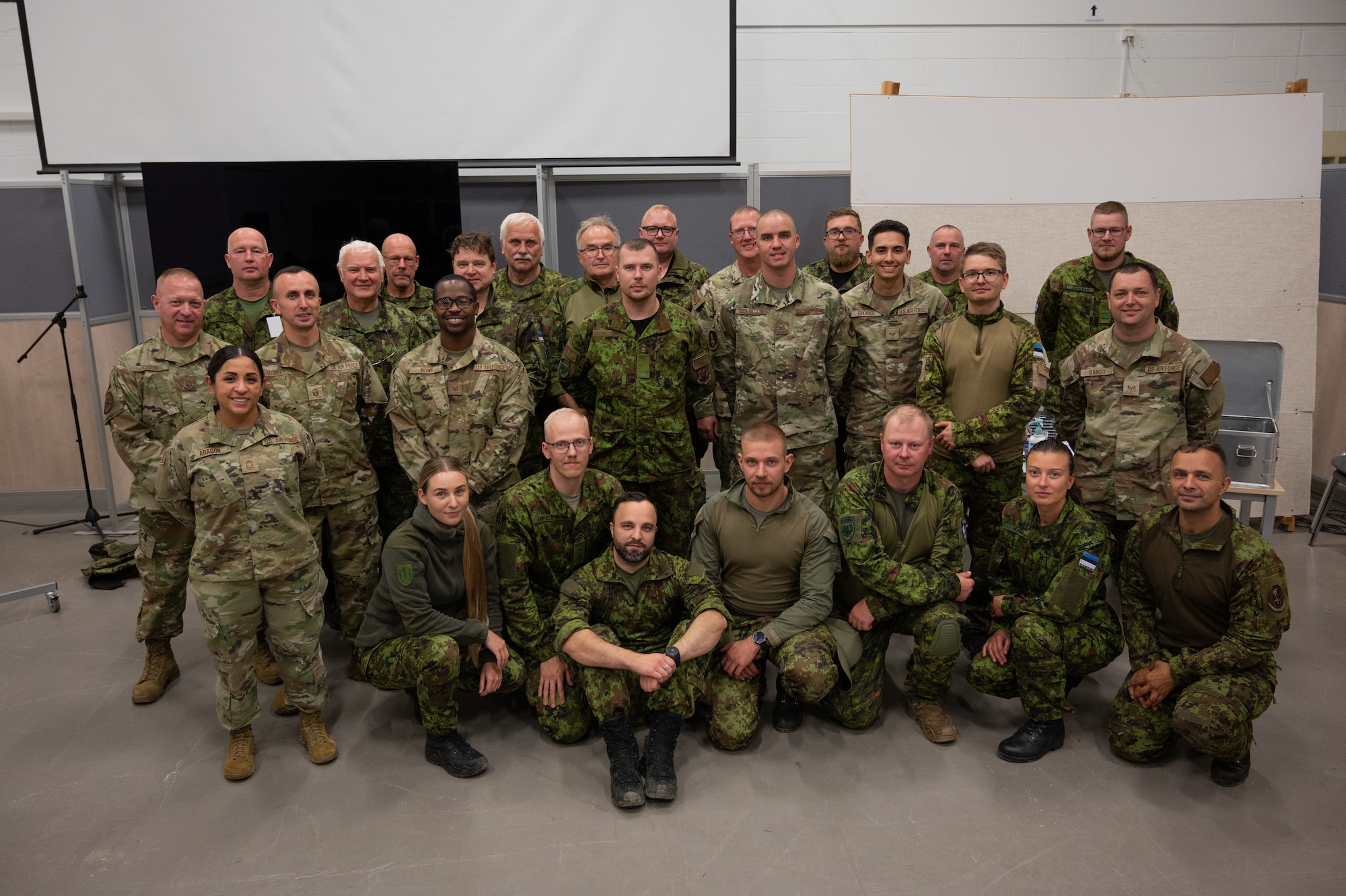 U.S. Airmen assigned to the 175th Logistics Readiness Squadron, Maryland Air National Guard, and Estonian Defense League service members pose for a group photo to capture the camaraderie and unity developed through shared experiences during Operation Baltic Rhino, September 15, 2024, in Parnu, Estonia.