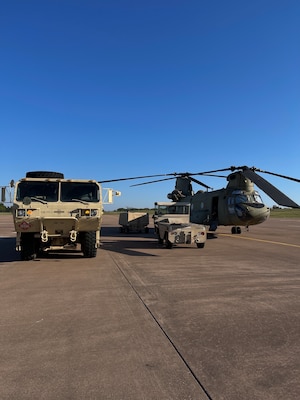 An Oklahoma Army National Guard CH-47 Chinook is readied by Oklahoma National Guard members at the OKARNG Aviation Support Facility in Lexington, Oklahoma on Oct. 6 before deploying to South Carolina in support of Hurricane Helene relief efforts.

At the direction of the Oklahoma Department of Emergency Management and with approval from Governor Kevin Stitt, the Oklahoma National Guard is supporting Hurricane Helene relief efforts in South Carolina. 

The North Carolina Department of Emergency Management submitted, through the Emergency Management Assistance Compact (EMAC), a request to Oklahoma for one CH-47 Chinook helicopter with hoist equipment and aircrew to support Task Force South in Greensville, South Carolina.  (Oklahoma National Guard photo by Staff Sgt. Ivan Diaz)