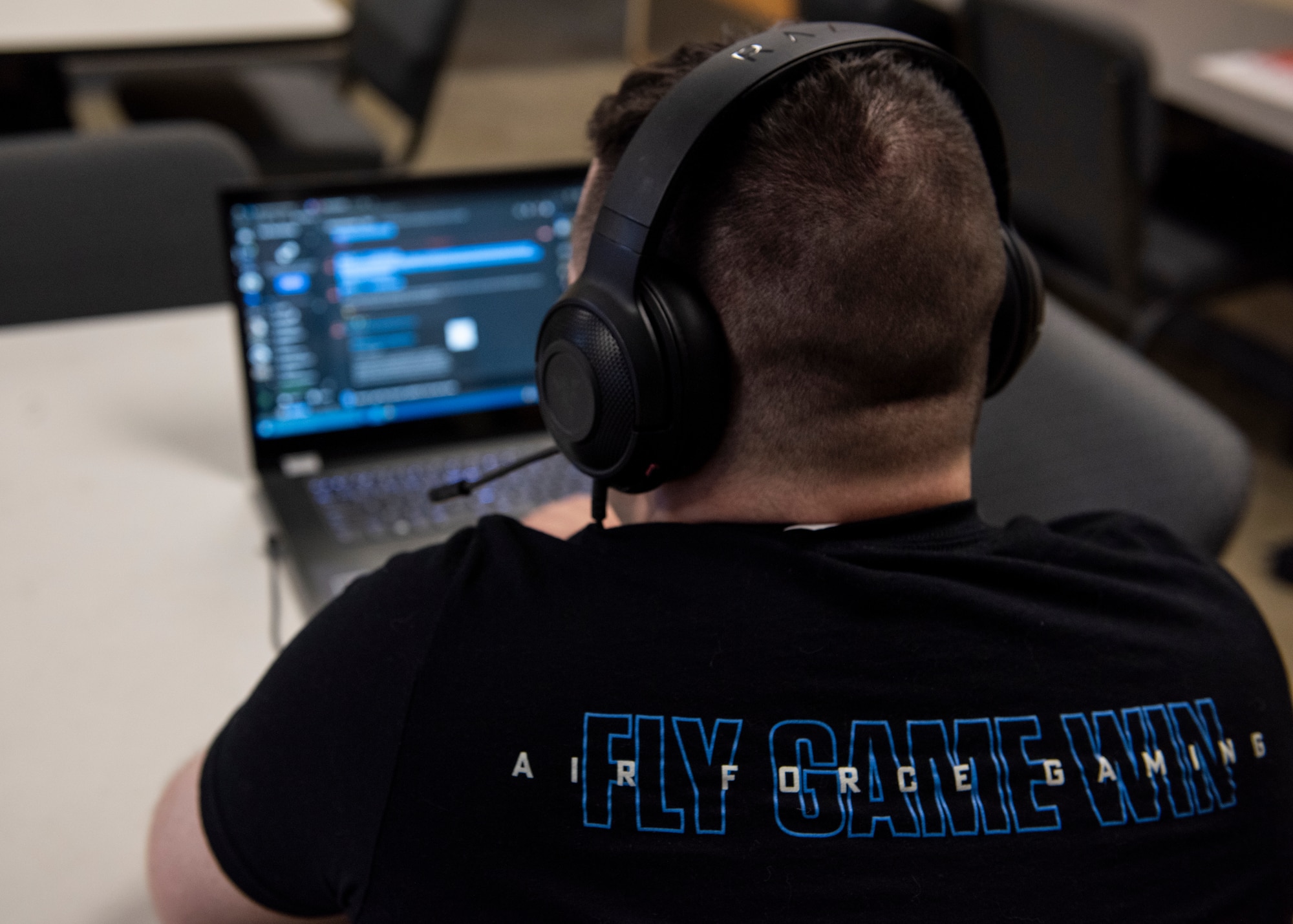 Senior Airman James Gilchrest, 168th Communications Flight Client Systems specialist, Alaska Air National Guard, and Air Force Gaming program manager, logs into the Air Force Gaming Discord at Eielson Air Force Base, Alaska Oct. 28. 2021.