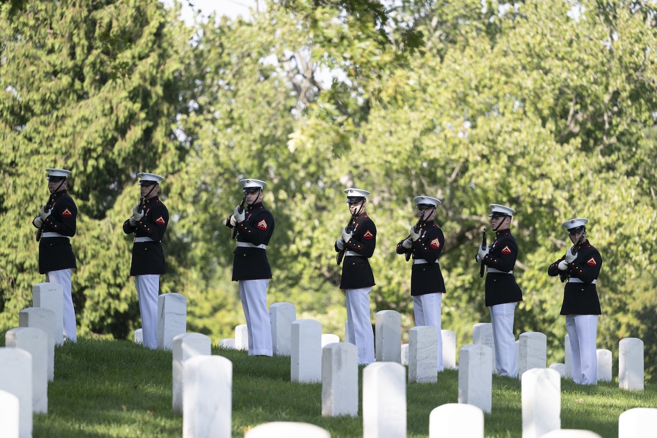 Seven men stand in a row while holding rifles in firing position.