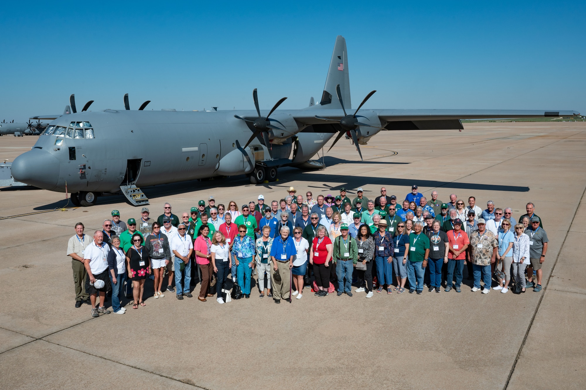 The 774th Tactical Airlift Squadron’s veterans and spouses pose for a group photo at Dyess Air Force Base, Texas, Oct. 4, 2024. Over 100 veterans attended a 774th TAS reunion, touring base facilities and seeing the technological advances the 317th Airlift Wing has made. (U.S. Air Force photo by Airman 1st Class Emma Anderson)