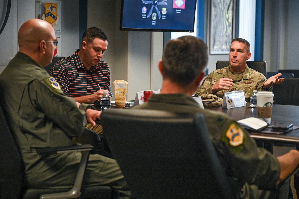 Team Little Rock leadership and staff delegation members attend a mission brief during a base tour at Little Rock Air Force Base, Arkansas, Oct. 8, 2024. The group toured a maintenance hangar, a static display of a C-130J Super Hercules and received a demonstration from the explosive ordnance disposal (EOD) team showcasing unexploded ordnances, EOD suits and other specialized equipment.