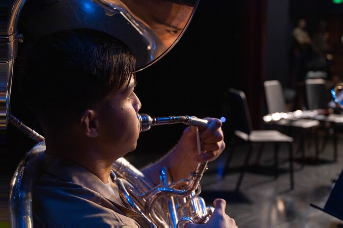 U.S. Marine Corps Sgt. Samuel Morondos, an instrumentalist with 1st Marine Division Band, performs at De Anza High School as part of San Francisco Fleet Week 2024 in Richmond, California, Oct. 7, 2024. SFFW, now in its 43rd iteration, is a time-honored sea service celebration that allows citizens of the Bay Area to witness today’s maritime capabilities firsthand. Nearly 2,500 Sailors, Marines, and Coast Guardsmen will showcase their capabilities and equipment, participate in. various community service events, and enjoy the hospitality of the Bay Area during the event. (U.S. Marine Corps photo by Cpl. Bruin Largent)