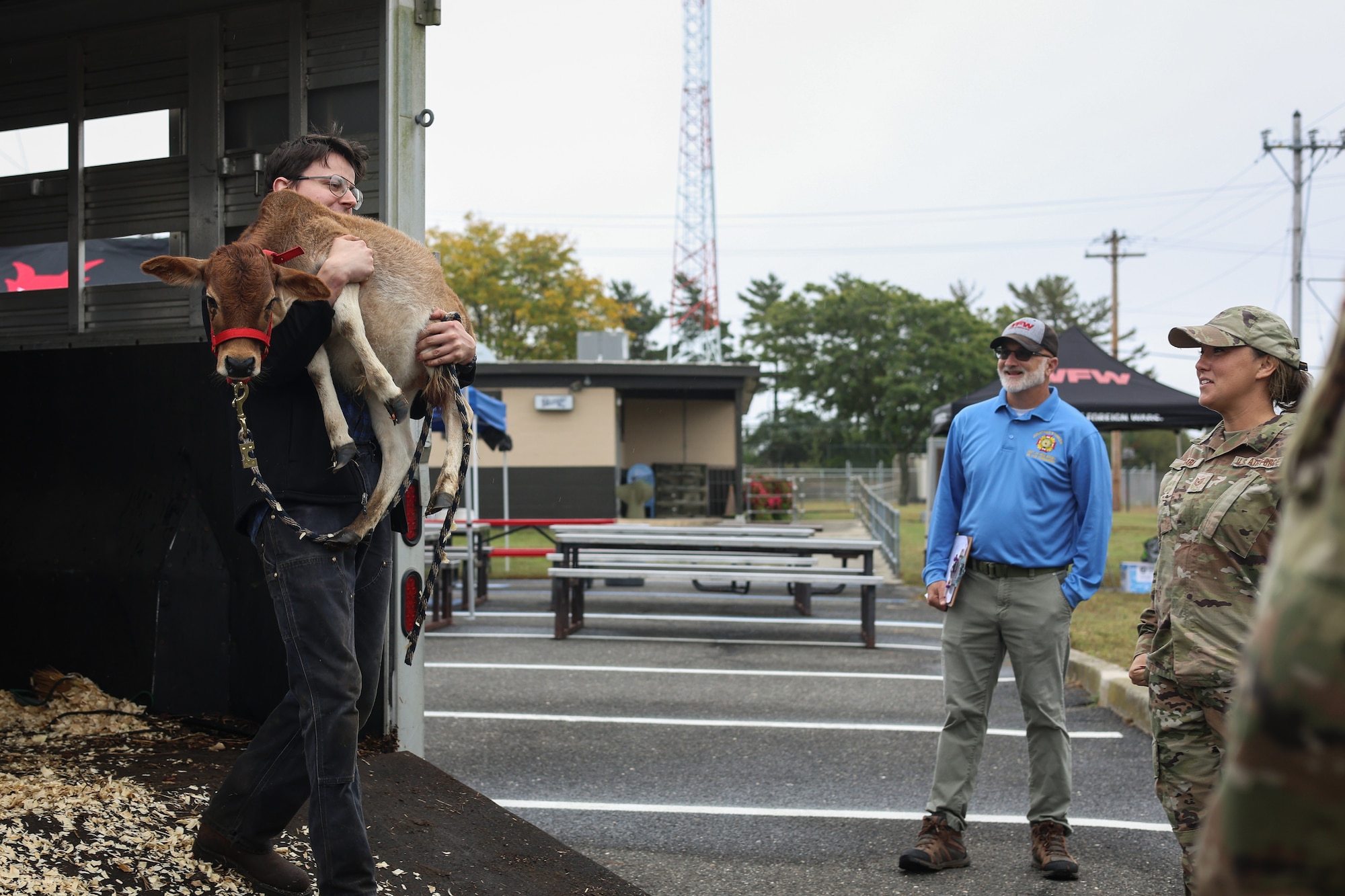 From right, U.S. Air Force Tech. Sgt. Marie Madara, 177th Security Forces Squadron command support staff member and Mr. Jonathan Hinker, New Jersey Veterans of Foreign Wars senior vice commander - Army, witness Mr. Collon Meyers carrying a calf owned by Mrs. Annamarie Daniecki, during Community Assessment and Resiliency Engagement (CARE) Day at the 177th Fighter Wing, Egg Harbor Township, New Jersey, Sept. 27, 2024. CARE day is a program in which members of the 177th FW can come together to celebrate community and new partnerships. (U.S. Air National Guard photo by Airman 1st Class Connor Taggart)