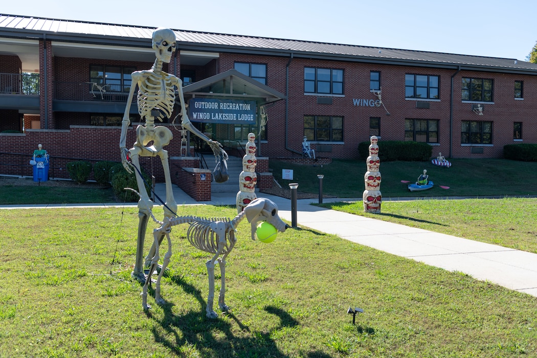 Personnel with The Wingo Lakeside Lodge decorate the lawn with Halloween figurines in the spirit of the season at Arnold Air Force Base, Tenn., Oct. 8, 2024. A decoration lighting is planned for Oct. 10 at 6:30 p.m. (U.S. Air Force photo by Keith Thornburgh)