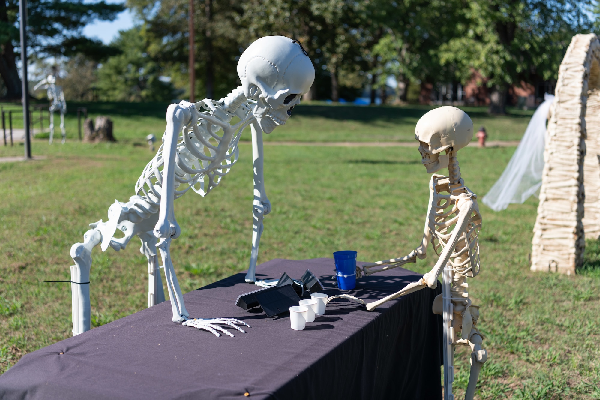 – Personnel with The Wingo Lakeside Lodge decorate the lawn with Halloween figurines in the spirit of the season at Arnold Air Force Base, Tenn., Oct. 8, 2024. A decoration lighting is planned for Oct. 10 at 6:30 p.m. (U.S. Air Force photo by Keith Thornburgh)