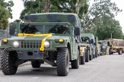 Florida Army National Guard Soldiers from Higher Headquarters Company, 2-124th Infantry Regiment, depart their armory in Orlando, Florida, and head toward Riverview, Florida, to team up with additional assets ahead of Hurricane Milton Oct. 8, 2024. The FLARNG has Soldiers positioned throughout Florida to support mission readiness and civilian needs.