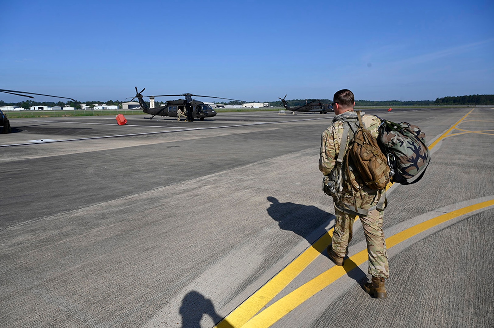 Two UH-60 Black Hawk helicopters with eight Louisiana Guardsmen departed Louisiana Oct. 8, 2024, for staging sites near Tallahassee, Florida. These assets will be prepositioned for rapid aerial search and rescue operations as soon as conditions allow following the arrival of Hurricane Milton.