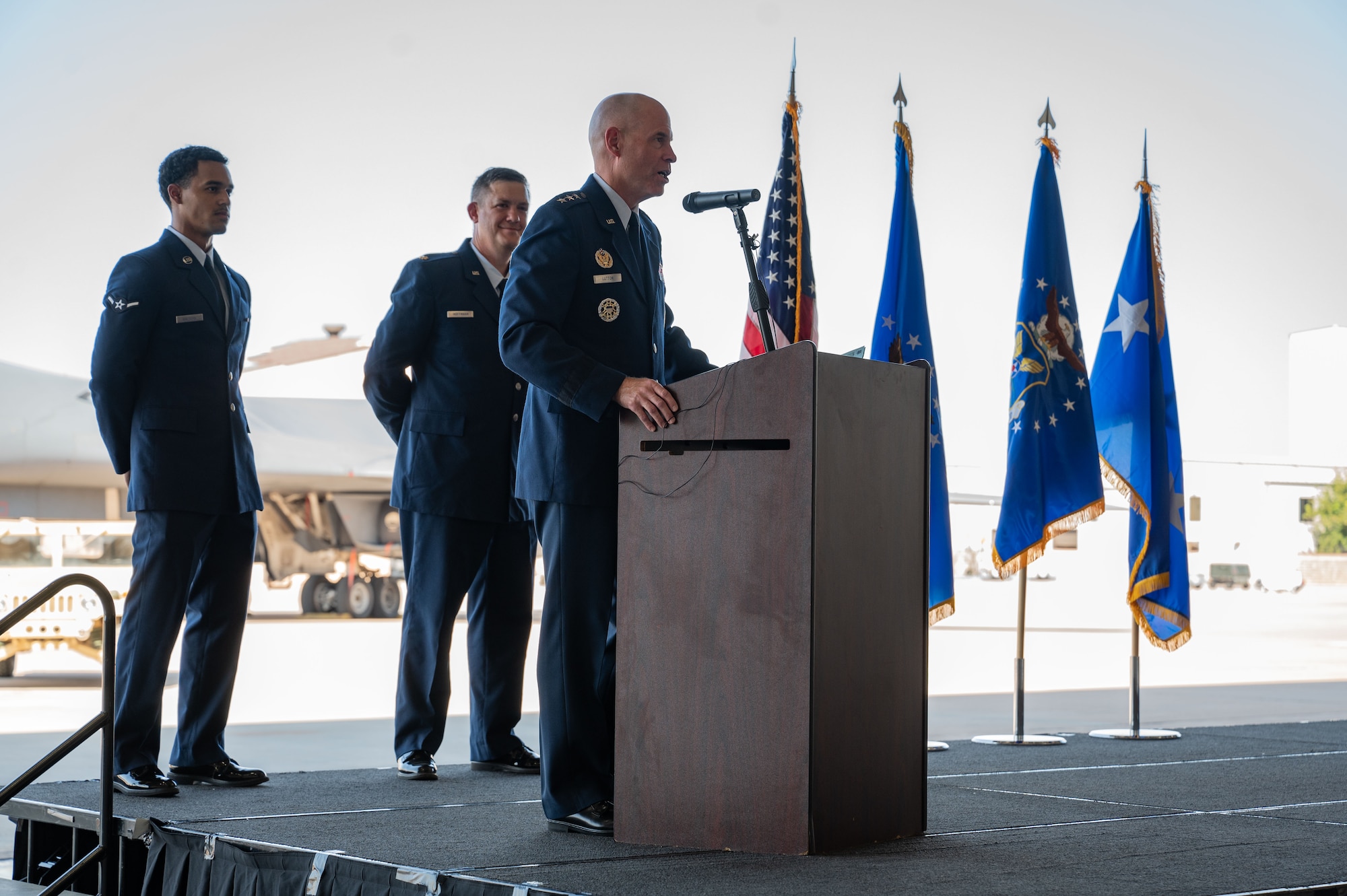 U.S. Air Force Lt. Gen. Michael Lutton, Air Force Global Strike Command deputy commander, speaks at the 21st Air Task Force assumption of command at Dyess Air Force Base, Texas, Oct. 8, 2024. ATFs are led by a Command Echelon, a 44-person A-Staff, and a smaller Special Staff. This team oversees the Combat Air Base Squadron, Mission Generation Force Elements, and Mission Sustainment Teams responsible for sustainment and warfighting. (U.S. Air Force photo by Airman 1st Class Emma Anderson)