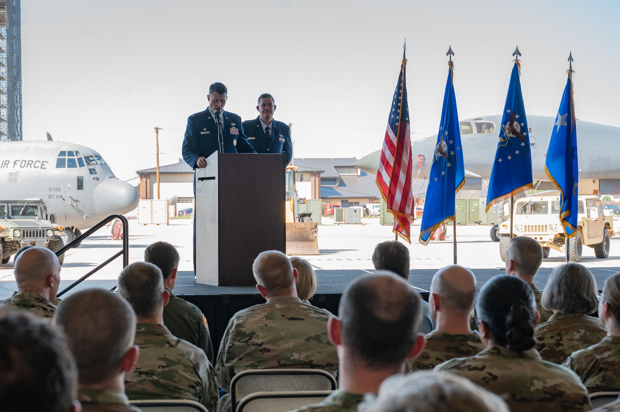 U.S. Air Force Col. Thomas Walsh, 21st Air Task Force commander, speaks at the 21st ATF assumption of command at Dyess Air Force Base, Texas, Oct. 8, 2024. The 21st ATF is dedicated to executing Agile Combat Employment, a key strategy that enables rapid deployment and flexible operations across the globe. (U.S. Air Force photo by Airman 1st Class Emma Anderson)