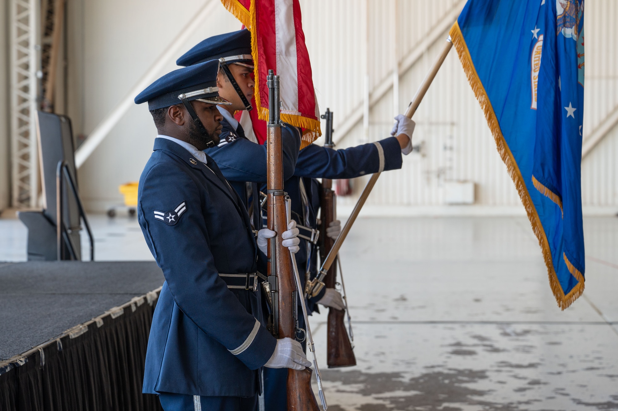 The Dyess Honor Guard presents the colors at the 21st Air Task Force assumption of command ceremony at Dyess Air Force Base, Texas, Oct. 8, 2024. Dyess is one of six Air Force installations and the only Air Force Global Strike Command base to be chosen to receive an ATF command element during the Air Force’s ATF Units of Action pilot program. (U.S. Air Force photo by Airman 1st Class Emma Anderson)