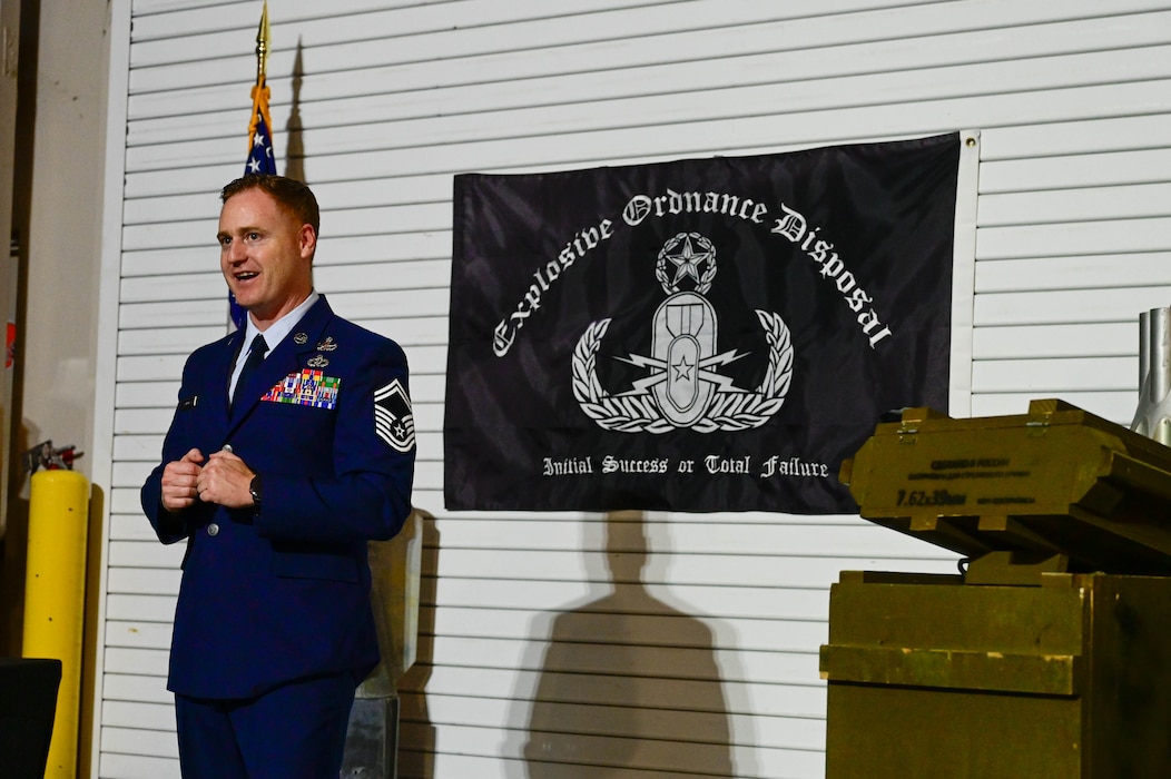 Senior Master Sgt. Joseph Burke making speech.