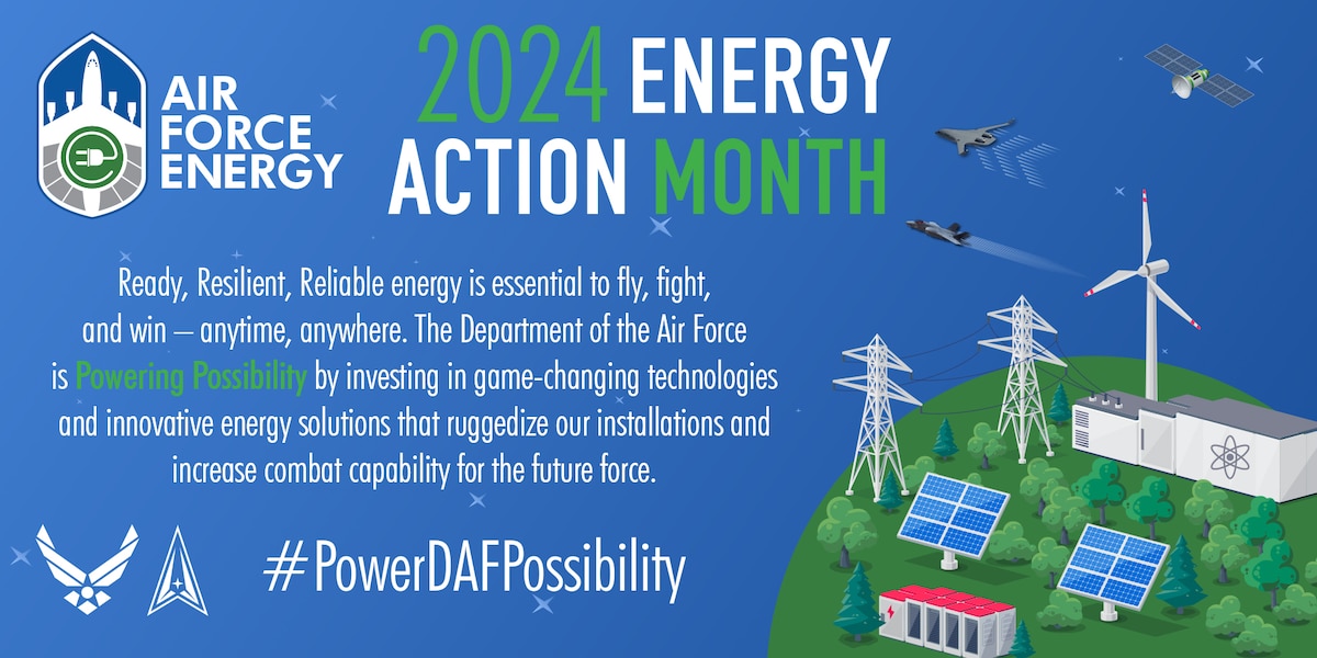 Graphic with wording, solar panels, power lines, trees, Air Force logo, Space Force logo, and air planes.