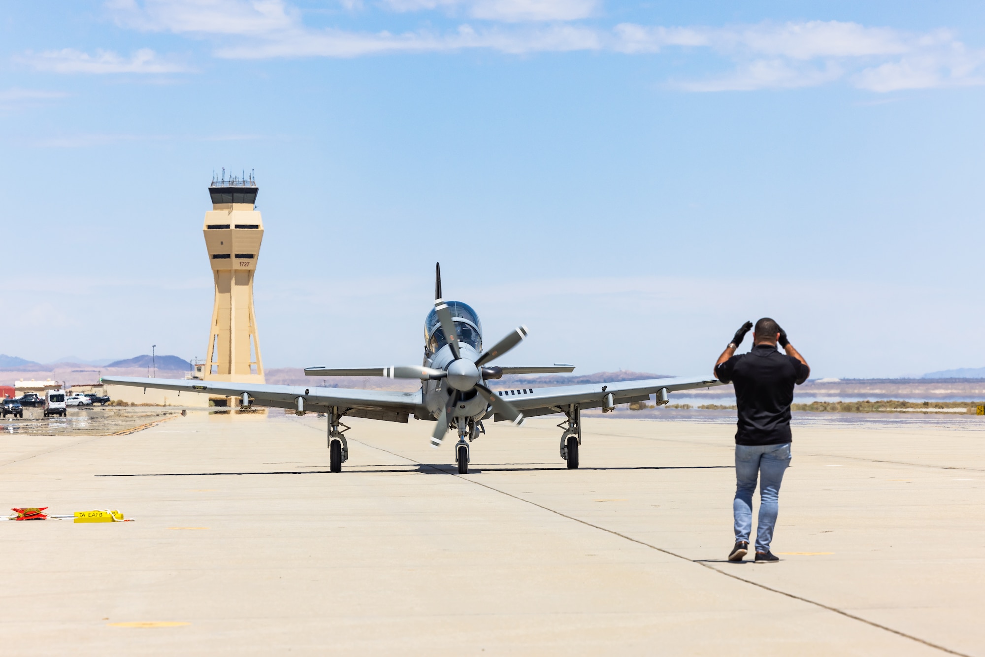 An A-29 Super Tucano arrives at Edwards Air Force Base, California, July 18, where it will join a unique fleet at the U.S. Air Force Test Pilot School. (Air Force photo by Lindsey Iniguez)