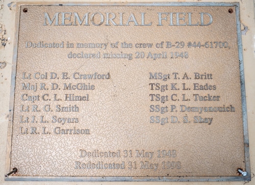 11 B-29 #4461700 crew members' names are listed on a brass plaque at Andersen Air Force Base, Guam, August 26, 2024. The crew went missing in 1948 after a routine training mission north of Guam. Andersen AFB dedicated a baseball field in their honor, both in 1948 and another rededication in 1998. (U.S. Air Force photo by Staff Sgt. Pedro Tenorio)
