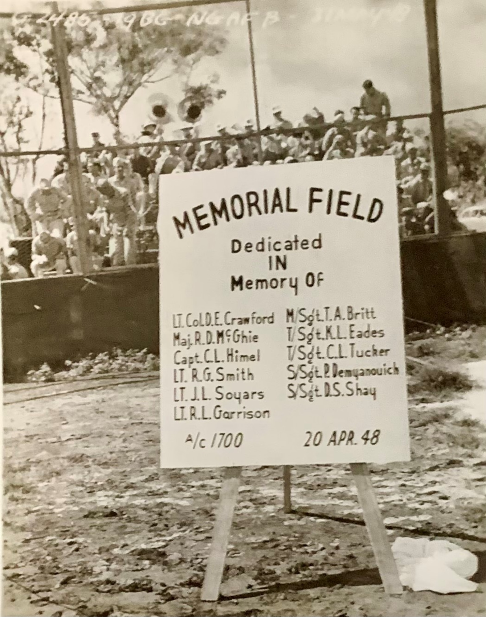 The original sign honoring the names of the crew members aboard the missing B-29 #44-61700. (Courtesy Photo)