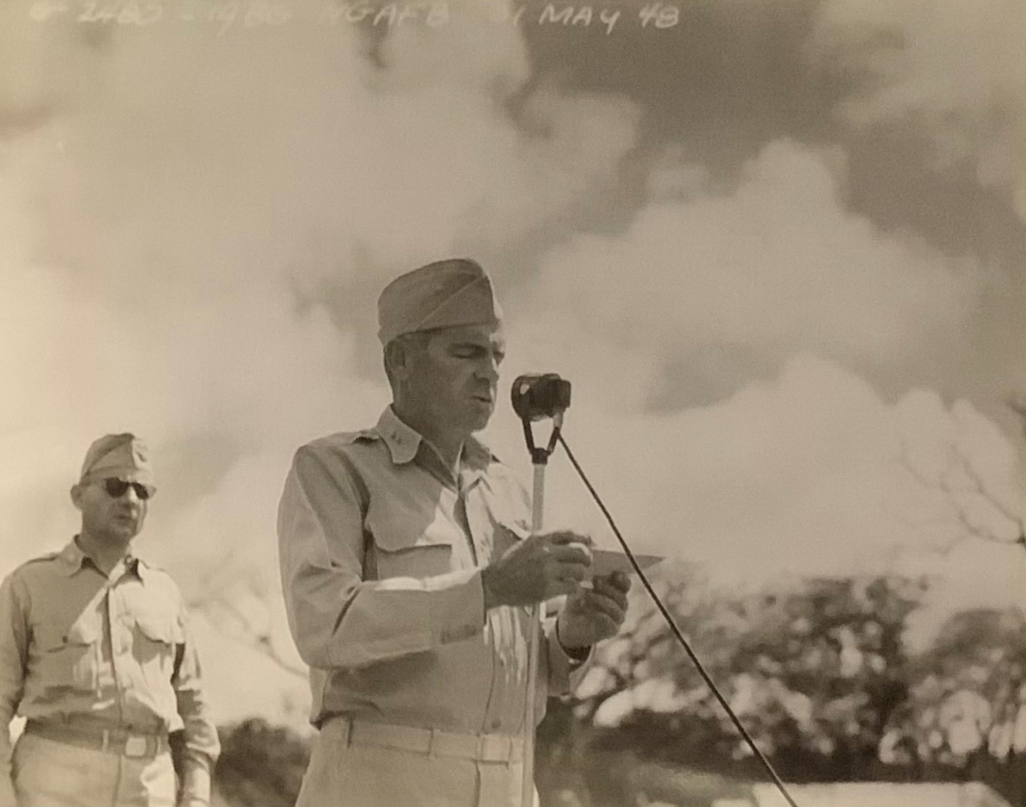 Maj. Gen. Francis Griswold, 20th Air Force commander, speaks at the Memorial Field Dedication for the missing crew of B-29 #44-61700 at Andersen Air Force Base, Guam, May 31, 1948. (Courtesy Photo)