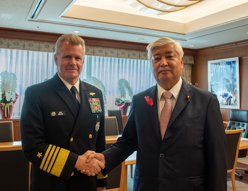 Adm. Samuel J. Paparo, Commander of U.S. Indo-Pacific Command, shakes hands with Japanese Minister of Defense Nakatani Gen during a visit to the region. USINDOPACOM is committed to enhancing stability in the Indo-Pacific region by promoting security cooperation, encouraging peaceful development, responding to contingencies, deterring aggression and, when necessary, fighting to win. (Courtesy photo)