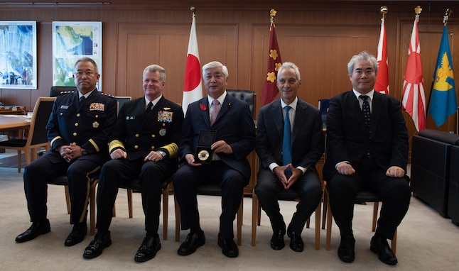 Adm. Samuel J. Paparo, Commander of U.S. Indo-Pacific Command, poses for a group photo alongside Japanese Minister of Defense Nakatani Gen, Chief of Staff, Japan Joint Staff Gen. Yoshida Yoshihide, Rahm Emanuel, U.S. Ambassador to Japan, and others during a visit to the region. USINDOPACOM is committed to enhancing stability in the Indo-Pacific region by promoting security cooperation, encouraging peaceful development, responding to contingencies, deterring aggression and, when necessary, fighting to win. (Courtesy photo)