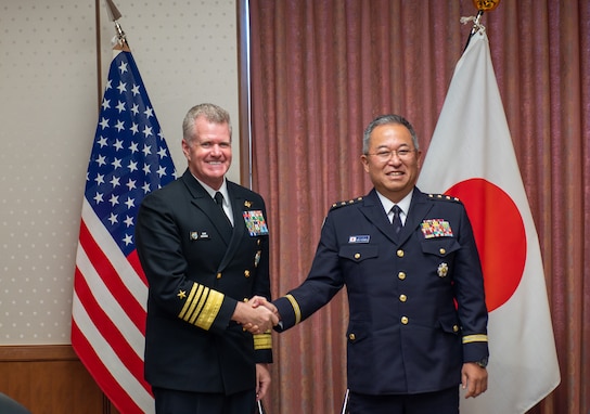 Adm. Samuel J. Paparo, Commander of U.S. Indo-Pacific Command, shakes hands with Chief of Staff, Japan Joint Staff Gen. Yoshida Yoshihide during a visit to the region. USINDOPACOM is committed to enhancing stability in the Indo-Pacific region by promoting security cooperation, encouraging peaceful development, responding to contingencies, deterring aggression and, when necessary, fighting to win. (Courtesy photo)