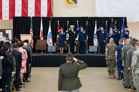 Adm. Samuel J. Paparo, Commander of U.S. Indo-Pacific Command, salutes during a Change of Command ceremony for U.S. Forces Japan. USINDOPACOM is committed to enhancing stability in the Indo-Pacific region by promoting security cooperation, encouraging peaceful development, responding to contingencies, deterring aggression and, when necessary, fighting to win. (Courtesy photo)