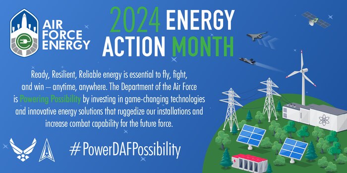 Graphic with wording, solar panels, power lines, trees, Air Force logo, Space Force logo, and air planes.