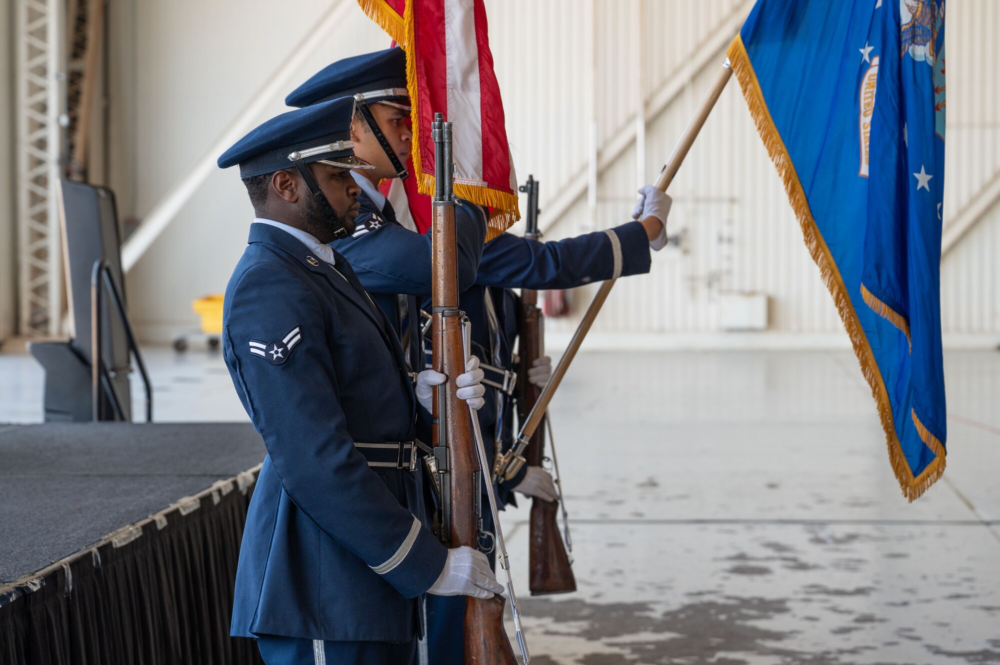 The Dyess Honor Guard presents the colors at the 21st Air Task Force assumption of command ceremony at Dyess Air Force Base, Texas, Oct. 8, 2024. Dyess is one of six Air Force installations and the only Air Force Global Strike Command base to be chosen to receive an ATF command element during the Air Force’s ATF Units of Action pilot program. (U.S. Air Force photo by Airman 1st Class Emma Anderson)
