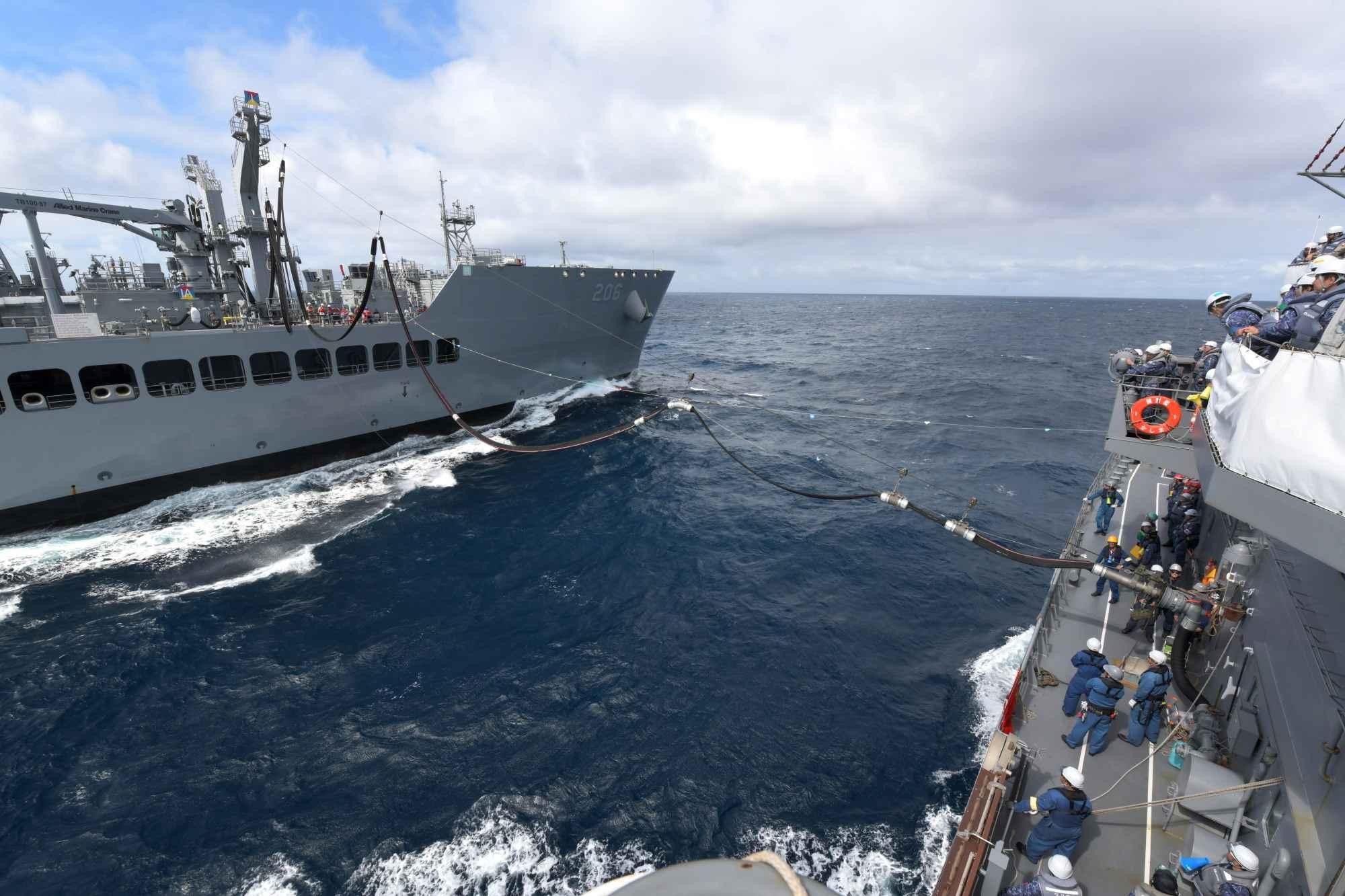 USNS Harvey Milk (T-AO 206) completes it's first replenishment-at-sea with two Japan Maritime Self-Defense Force vessels.