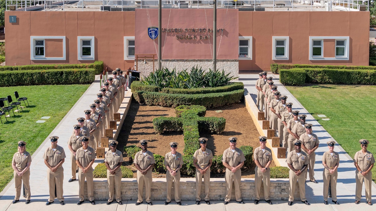 The Naval Support Activity (NSA) Souda Bay Chief’s Mess poses for a group photo following a Chief Pinning Ceremony on Sept. 27, 2024, onboard NSA Souda Bay, Greece.