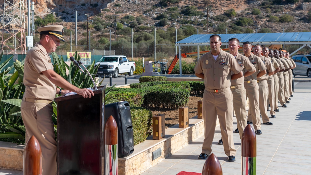 Capt. Stephen Steacy, commanding officer, Naval Support Activity (NSA) Souda Bay, addresses chief petty officer selectees during a Chief Pinning Ceremony on Sept. 27, 2024, onboard NSA Souda Bay, Greece.