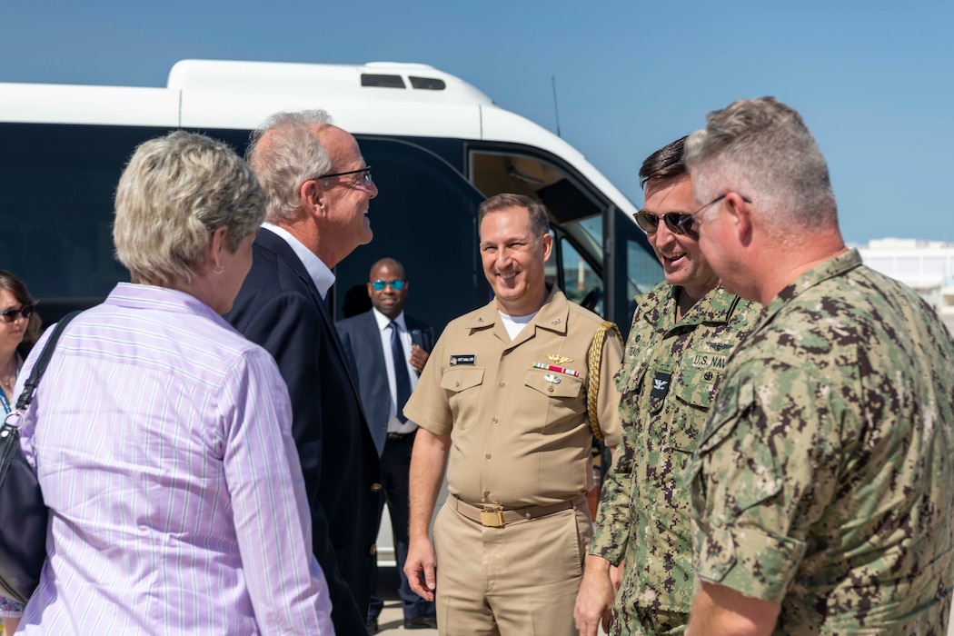 Capt. Stephen Steacy, commanding officer, Naval Support Activity (NSA) Souda Bay, greets U.S. Senator Jerry Moran on Oct. 4, 2024, during a U.S. Congressional Delegation visit led by Senator Jerry Moran.