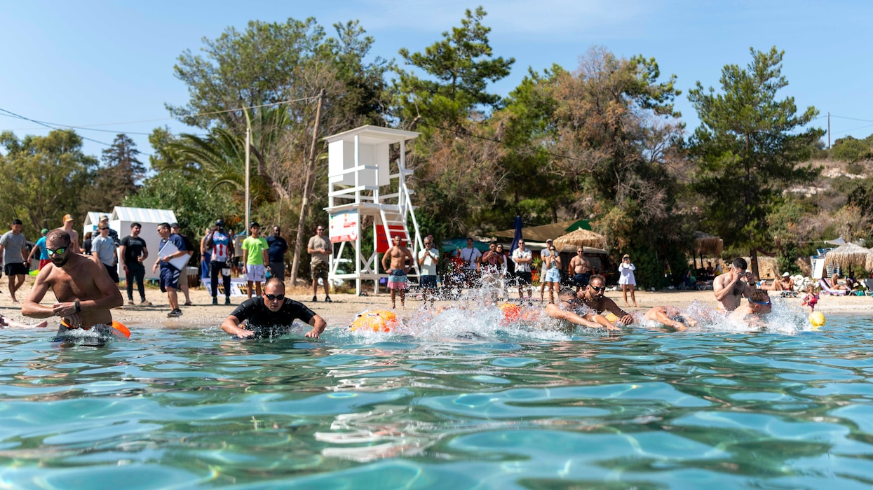 Competitors affiliated with Navy Support Activity (NSA) Souda Bay, NATO and Hellenic armed forces take part in a 2-kilometer swim as part of the 21st Eco-Challenge event hosted by NSA Souda Bay and organized and executed by the Morale, Welfare and Recreation team on Oct 5, 2024.