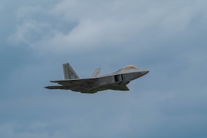 A U.S. Air Force F-22A Raptor, assigned to the 525th Expeditionary Fighter Squadron, Joint Base Elmendorf–Richardson, Alaska, takes off during a temporary deployment at Kadena Air Base, Japan, Oct. 10, 2024.