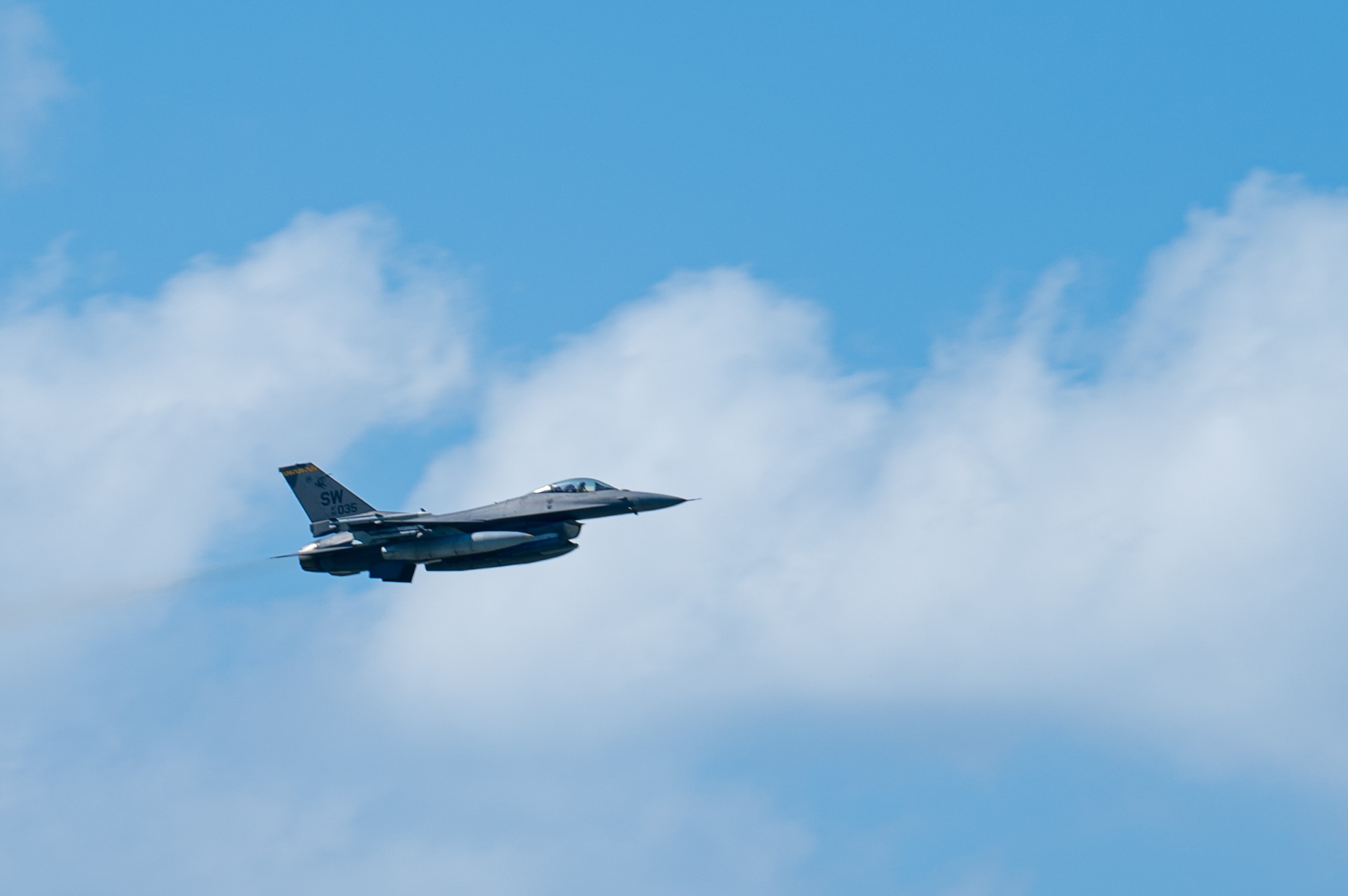 A U.S. Air Force F-16C Fighting Falcon, assigned to the 77th Expeditionary Fighter Squadron, Shaw Air Force Base, South Carolina, takes off during its first flight during a temporary deployment at Kadena Air Base, Japan, Oct. 9, 2024.