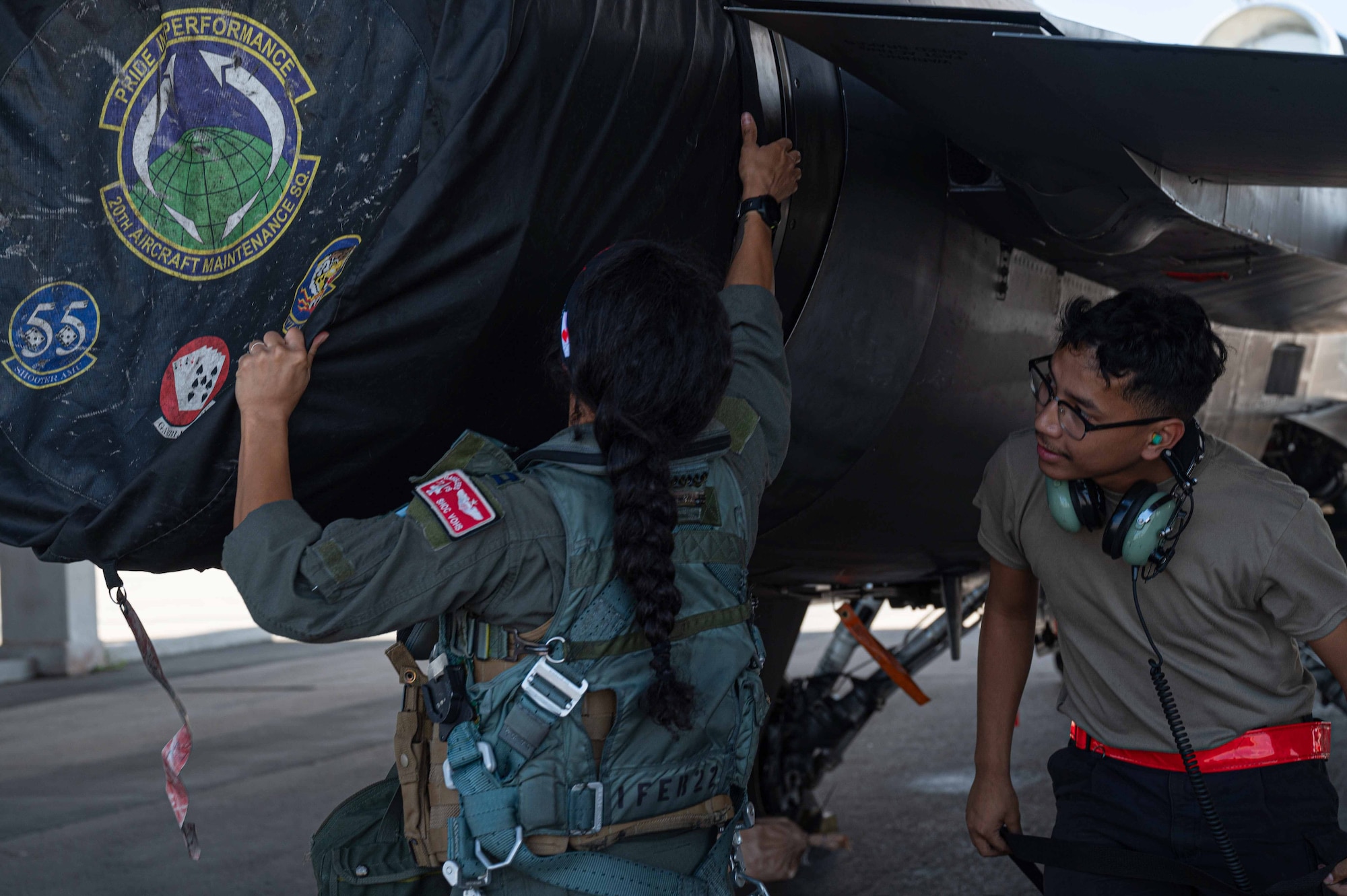 U.S. Air Force Capt. Kayla Vohs, 77th Expeditionary Fighter Squadron pilot, performs pre-flight checks before her first flight during a temporary deployment at Kadena Air Base, Japan, Oct. 9, 2024.
