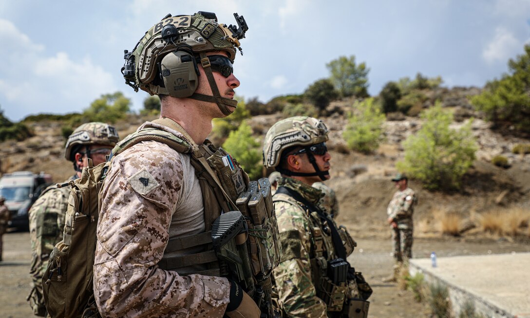 U.S. Marines with Battalion Landing Team 1/8, 24th Marine Expeditionary Unit (MEU) Special Operations Capable (SOC), and soldiers with the Republic of Cyprus National Guard, participate in a combat marksmanship program in Limassol, Cyprus, during scheduled bilateral training with the Republic of Cyprus National Guard, Sept. 23, 2024. The training, set to take place from September to early November, was coordinated with the Government of the Republic of Cyprus and is designed to strengthen the operational capabilities of both forces and reaffirm the strong security cooperation and commitment to regional stability between the U.S. and Cyprus. The 24th MEU (SOC) and Wasp Amphibious Ready Group are on a scheduled deployment to U.S. Naval Forced Europe and Africa area of operations to support U.S., Allied and partner interests in the region, including in the Eastern Mediterranean Sea. Routine training exercises ensure that we, alongside our Allies and partners, are postured and ready to respond rapidly and effectively to any mission. (U.S. Marine Corps photo by Sgt. Jacqueline Peguero-Montes)