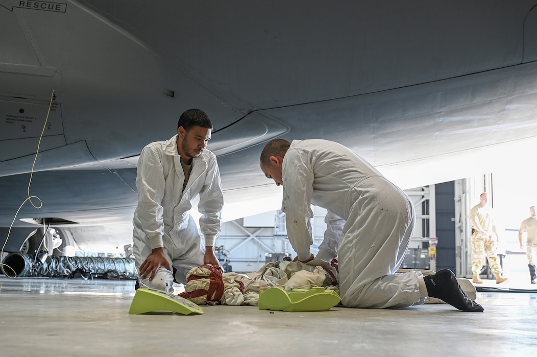 Staff Sgt. Ryan Collier and Senior Airman David Asterino, 445th Maintenance Squadron fuels systems specialists, administer CPR to a simulated unresponsive person during the unit’s organizational rescue team training exercise at Wright-Patterson Air Force Base, Ohio, Sept. 15, 2024.