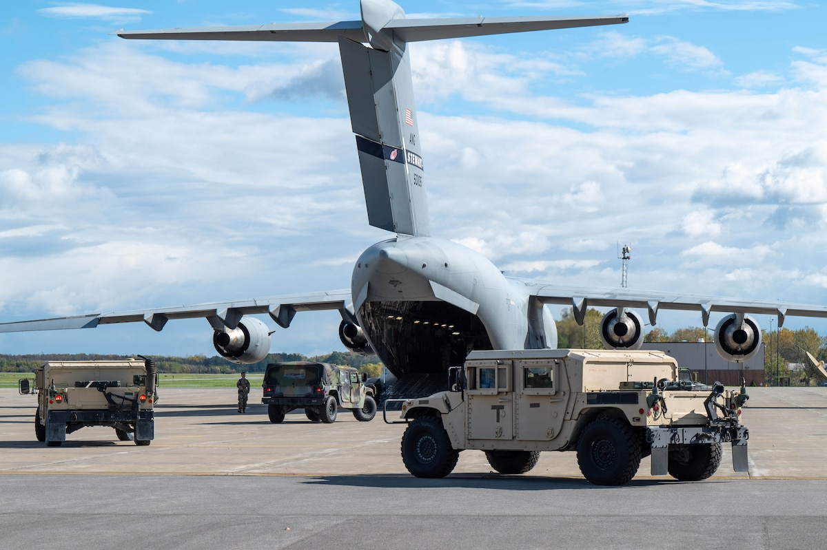 Soldiers from the New York Army National Guard’s 27th Infantry Brigade Combat team board a C-17 Globemaster III from the New York Air National Guard’s 105th Airlift Wing as they head to Camp Blanding Joint Training Center near Jacksonville, Florida, to support the Florida National Guard response to Hurricane Milton’s landfall.