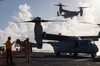 VMM-165 takes off from USS Boxer (LHD 4) in the Philippine Sea.