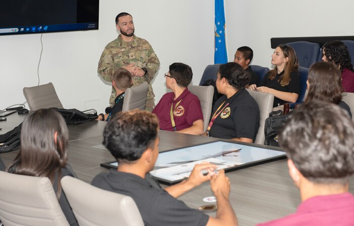 Eldorado High School students are given a brief during a tour at Nellis Air Force Base
