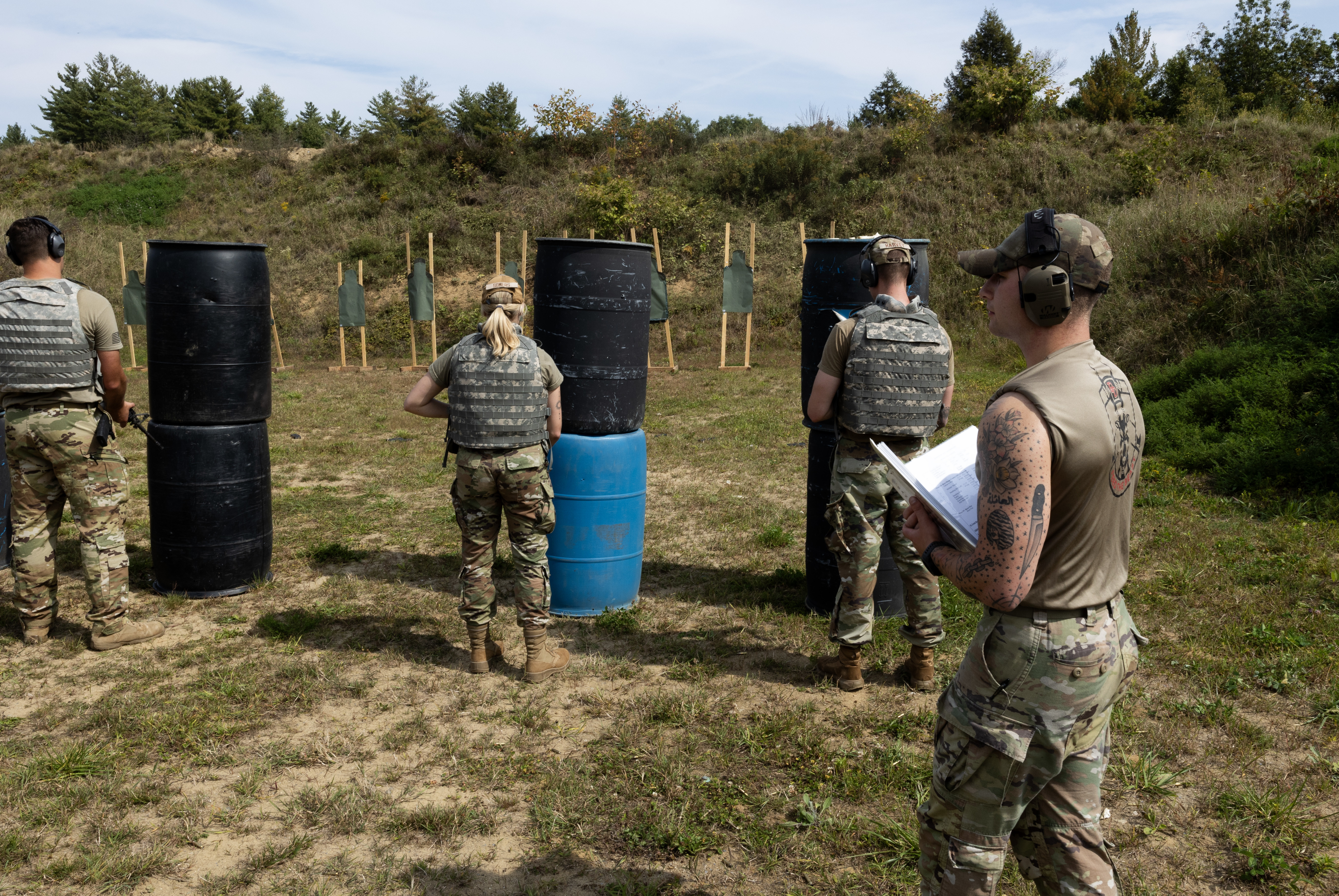 Staff Sgt. David Hacker- a combat arms instructor assigned to the 109th Airlift Wing, Scotia New York,  instructs a weapons qualifications during a security forces augmented training course on September 17, 2024.  The purpose of the augmentee course is to backfill at home station when security forces defenders must forward deploy. The course covers weapons training, combative and day to day base procedures.